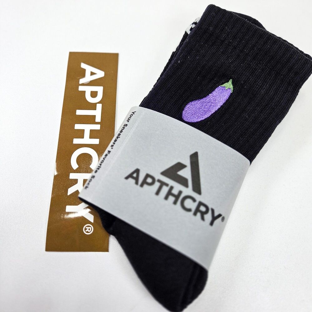 APTHCRY Long Dong Black Crew Socks Eggplant Embroidery One Size New